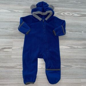 Cuddle Club Baby Bunting Suit Blue Fleece Hooded Bear Ears Fold Over Mittens